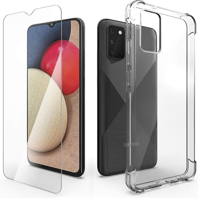 Shockproof Hoesje Geschikt voor: Samsung Galaxy A02S - Anti-shock TPU Siliconen Case & 2X Tempered Glas Combi - Transparant
