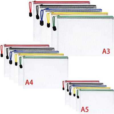 Famanu - Mesh opberghoezen, 15 A3-, A4- en A5-hoezen met ritssluiting, gaasstoffen documenten-mappen, bestandenportefeuille met gekleurde rist