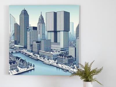 Modern rotterdam schilderij | Rotterdamse skyline weerspiegeld in hedendaagse abstracte kunstuiting aan verandering onderhevig | Kunst - 20x20 centimeter op Canvas | Foto op Canvas