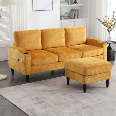 REDOM - 4-Zits Bank - Met Opberghocker En Bekerhouders - Modern - Voor Woonkamer - Chenille - Geel - 196,5 X 75 X 77 Cm
