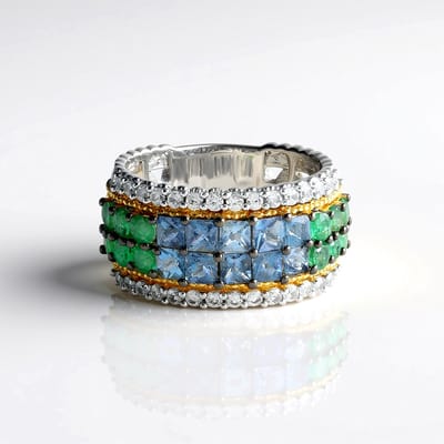 Cavill - Zilveren ring met aquamarijn 0,878 ct en smaragd 0,783 ct - 925 sterling zilver - Princess geslepen edelstenen - Moderne luxe ring dames