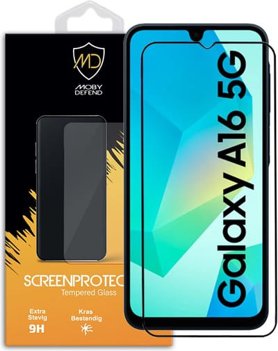 MobyDefend Screenprotector - Geschikt voor Samsung Galaxy A16 - Screensaver Met Zwarte Randen - Gehard Glas