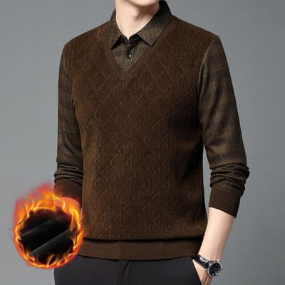 Heren Warme Trui Gebreid Revers Schapenwol Nep Tweedelig Middelbare Leeftijd en Oudere Plus Fluweel Verdikt Strepen Casual XXXXL black