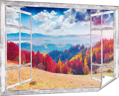 Gards Tuinposter Doorkijk Kleurrijke Herfstbos met Heuvellandschap - 150x100 cm - Tuindoek - Tuindecoratie - Wanddecoratie buiten - Tuinschilderij