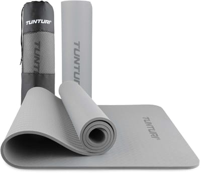 Tunturi Yoga Mat 8mm - Pilates mat - Extra dikke fitness mat - 183x61x0,8 cm - Incl Draagtas - Ecologisch materiaal - Eenvoudig te reinigen - Grijs