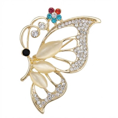 Goudkleurige vlinder broche dames en heren met strass stenen in gemengde kleuren, decoratieve broche met opengewerkte vleugels en parelmoerlook details, elegante speld geschikt voor feest of dagelijks gebruik