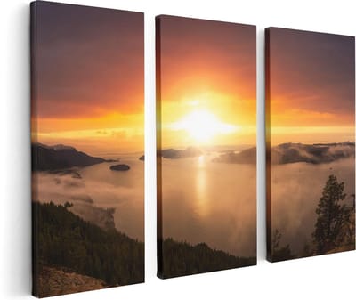Artaza Canvas Schilderij Drieluik Zonsondergang In De Bergen Met Wolken - 120x80 cm - Wanddecoratie Woonkamer - Schilderijen - Muurdecoratie