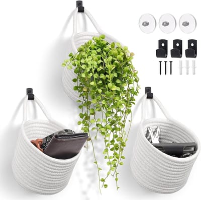 3 stuks wandmand, rond, kleine hangmand met 3 haken, hangmand, katoen, wandmand, hangende opbergmand voor keuken, badkamer, slaapkamer, woonkamer (wit)