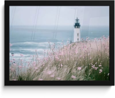 Poster in lijst - Fotolijst 40x30 cm - Posters - Vuurtoren - Klif - Zee - Bloemen - Posterlijst zwart - Decoratie - Wanddecoratie woonkamer - Muurdecoratie slaapkamer