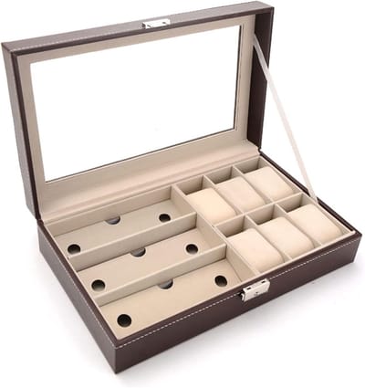 Opbergdoos Brillen - Sieradendoos Horlogedoos - Collectie Presenteren - Transparante Glazen Top - 35 x 20 x 8 cm - Bruin
