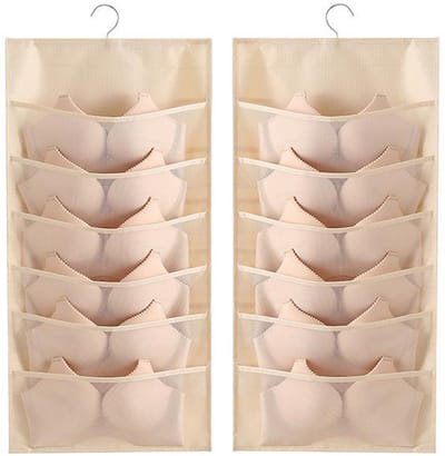 BH Organizer - 12 Opbergvakken - BH Verdeler voor in Kast - Hangende Ondergoed Verdeler - Beige - Hangende Opbergzak voor Kleding
