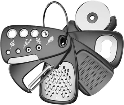 6-in-1 draagbare keukengereiset, keukenaccessoires, rasp, flesopener, groenteschiller, pizzasnijder, knoflookmolen, gembermolen, ruimtebesparend keukenaccessoire