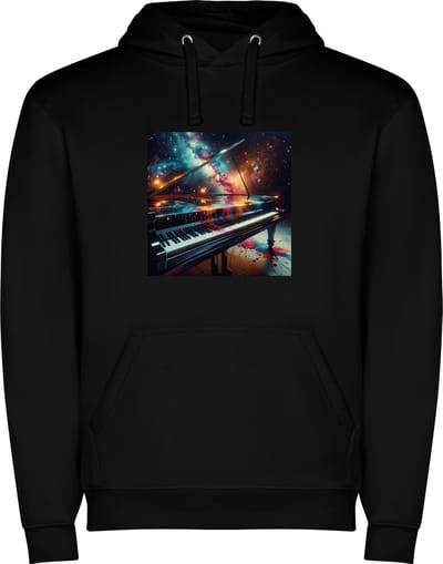 Zwarte unisex hoodie met “ Kleurrijke Vleugel – Grande Dame – Muziekinstrument – Vrolijk – Muziek “ Print Full Color Color merk Roly maat S
