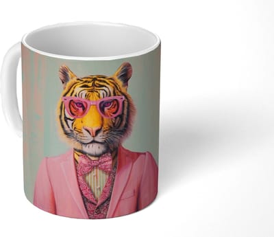 Mok - Koffiemok - Tijger - Strik - Jasje - Roze - Mokken - 350 ML - Beker - Koffiemokken - Theemok