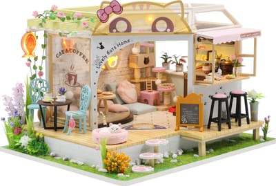 Premium Miniatuur XXL bouwpakket - Bouwpakket - Voor Volwassenen (14+) - Houten Modelbouw - Modelbouwpakket - DIY - Poppenhuis – incl. Licht- (Cat Coffee Garden)
