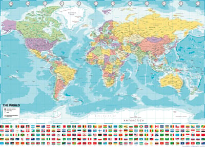 Wereldkaart Poster - Formaat 70 x 100cm - vlaggen - Multi - wanddecoratie -