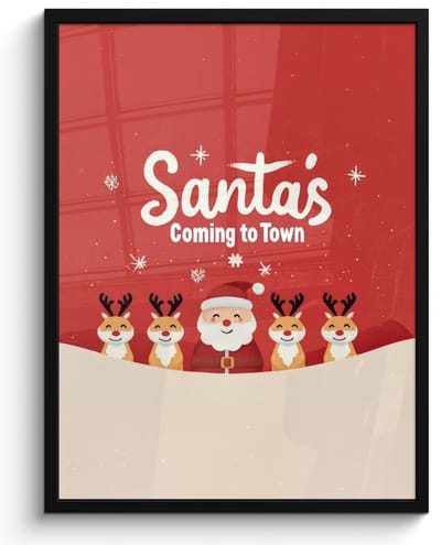 Poster in lijst - Fotolijst 60x80 cm - Posters - Illustratie - Kerstman - Rendieren - Rood - Posterlijst zwart - Decoratie - Wanddecoratie woonkamer - Muurdecoratie slaapkamer - Kerstversiering - Kerstdecoratie voor binnen - Kerstmis