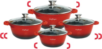 Cheffinger Pannenset met Deksel - 8-delig - Rood - Ø20/24/28/32cm - Inductie