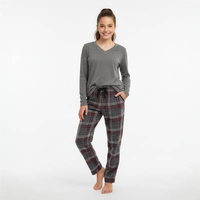 La-V pyjama sets voor Meisjes met geruite flanel broek Grijs met bordeauxrood 152-158