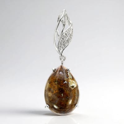 Cavill - Zilveren Hanger - 925 Sterling Zilver - Dinosaurus Kwarts Peervormige Cabochon 11 12 ct - 6 Zirkonia - Elegante Natuurlijke Edelsteen