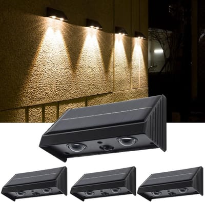 KZQ Wandlamp - Solar wandlamp - Waterdichte solar buitenlamp - LED bolle lens - 1800mA warm licht - Automatische verlichting van schemering tot zonsopgang - Geschikt voor terrassen, schuttingen, trappen en balustrades - Set van 4