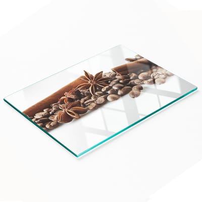 Duurzame en stijlvolle glazen snijplank met koffieboon- en kaneelpatroon, 80x52 cm