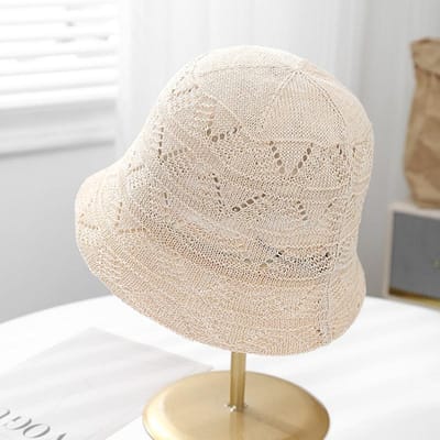Chapeau d'été pour femme Chapeau seau en tricot ajouré Chapeau de pêcheur décontracté à visière Chapeau de soleil Casquette de soleil pour femme (beige,56-58CM) beige