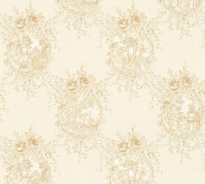 ROZENORNAMENTEN MET LANDSCHAPMOTIEF BEHANG | Klassieke Franse Stijl - goud beige - A.S. Création Château 5