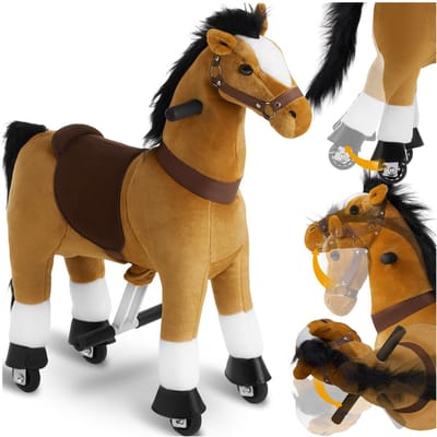 tectake® Hobbelpaard op wielen – Rijdend speelgoed paard - Pluche paard met antislip handgrepen - Voor kinderen van 3-12 jaar - Stalen frame - Binnen & buiten gebruik - Bruin, 29 x 76 x 85 cm