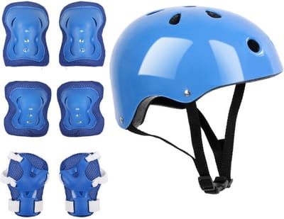 7-delige set Kids Helm Beschermende Uitrusting Set, Skate beschermset, Fietsbescherming , Inclusief Helm Elleboogbeschermers Kniebeschermers Polsbeschermers voor Scooter Rolschaatsen - Geschikt voor kinderen van 3-12 jaar oud(Blauw)