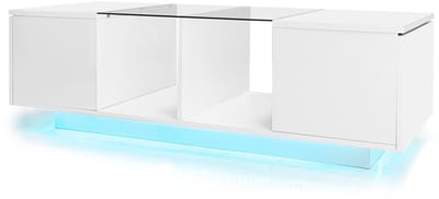 REDOM Moderne witte salontafel met Bluetooth-LED (16 kleuren), hoogglans & matte accenten, glazen inzet, 120×50×38,5 cm