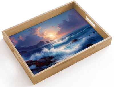 Dienblad hout 40x30 cm - Schootdienblad - Golven - Zee - Kleurrijk - Rotsen - Borrelplank rechthoek - Plateau dienbladen