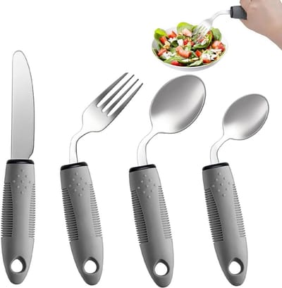 Buigbestek - Aangepast bestek - 4-delig - 42° gebogen - Aangepast eten - Grip bestek - Verdikt bestek - Ergonomisch bestek - Ouderen - Voor gehandicapten, Parkinson-patiënten en ouderen - L-hand