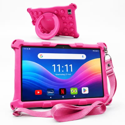 AngelTech Kindertablet XL PRO II - Android 16 - 6+8GB RAM – 128GB Opslag – Snelle 10 inch Kindertablet – Vanaf 3 Jaar – 100%Kidsproof – Ouderlijk Toezicht - 360° Fidgy Beschermhoes – Roze