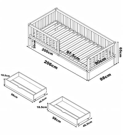 Sunny Isa Kinderbed – Met 2 Opberglades – Kinderbed met Uitvalbeveiliging - 206 x 98 cm – Peuterbed Meisjes en Jongens – FSC 100% Hout – Met Lattenbodem –Exclusief Matras – Bruin