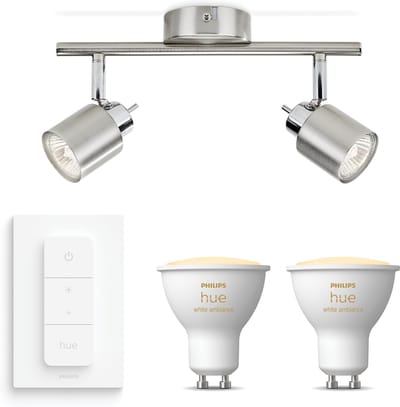 Philips Hue Meranti Opbouwspot (Mat Chroom) - Warm tot Koelwit Licht - Incl. Hue Dimmer Switch - Plafondspot met 2 Lichtpunten - GU10 - Hue White Ambiance