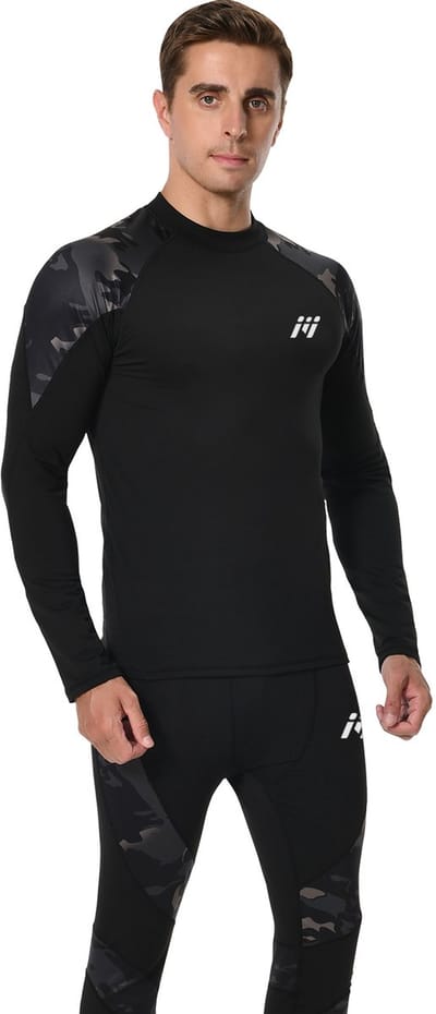MEETHOO Heren Thermo Ondergoed Set - Thermoshirt & Thermobroek Heat Booster Series - Voor Wandelen, Skiën, Joggen, Fietsen, Motorrijden, Lopen, Klimmen, Trainen, Yoga, Snowboarden, Jagen & Vissen-Zwarte Camouflage-L