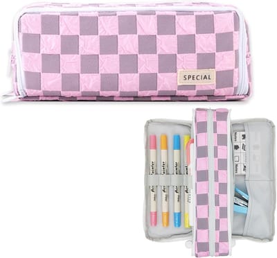 Etui - Multifunctioneel Ruim met 3 Vakken - Etuis voor School Jongens en Meisjes - Kantoor - Pennenzak - Schoolspullen - Schoolbenodigdheden - Reistas Make-uptas kabeltas - Back to School - Roze Blokjes