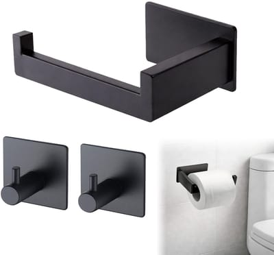 Toiletpapierhouder, toiletpapierhouder zonder boren en 2 stuks kleefhaken, toiletpapierhouder, zwart, roestvrij staal, wc-papierhouder, wc-papierhouder om te plakken, voor badkamer