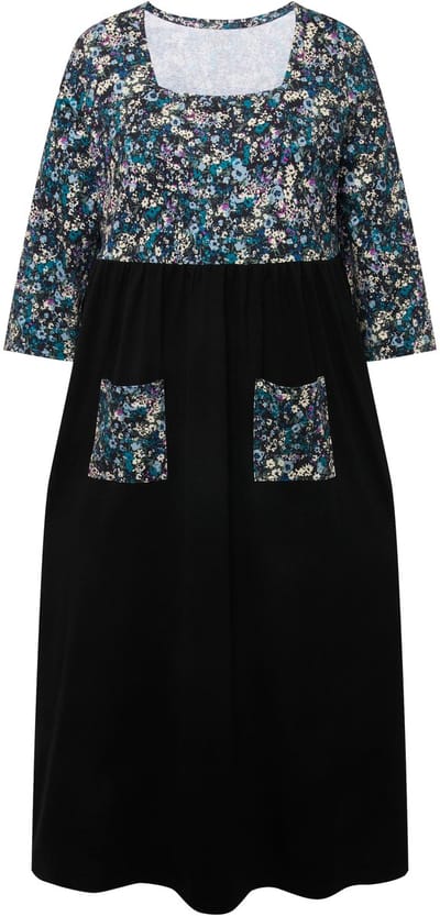 Ulla Popken - Dames - Maxi-jurk van jersey bloemen vierkante halslijn 3/4-mouwen - Zwart - Maat 46+