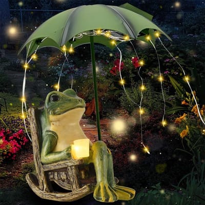 Tuindecoratie met Kikker en Paraplu - Kikkerfiguur voor Tuin, Patio en Voorkant van het Huis, Decoratieve Tuinfiguren voor Buiten en Binnen