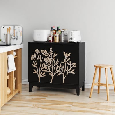 DESMIU Dressoir - Bloemenreliëf Met 2 Deuren En Verstelbare Plank - Veelzijdige Opbergkast Voor Woonkamer En Keuken - MDF - 80 Cm - Zwart