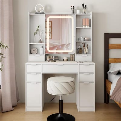 Kaptafel met Spiegel - Make-up tafel Dressin g table - Make-up aanbrengen - Geïntegreerde LED-verlichting - 105 cm breed - Wit