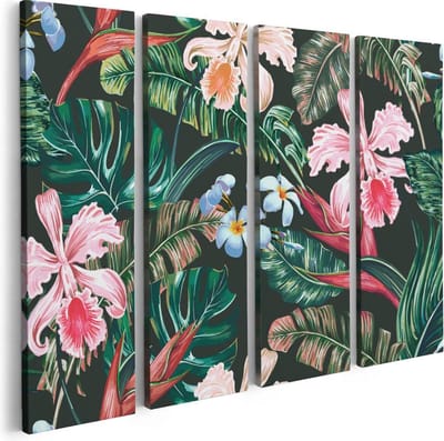 Artaza Canvas Schilderij Vierluik Getekende Tropische Bloemen - Abstract - 80x60 - Foto Op Canvas - Canvas Print