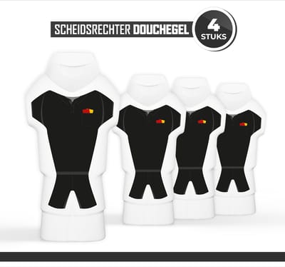 Douchegel "Scheidsrechter" - 300 ml - 4 stuks - Triomf Cosmetica | Cadeau Week van de Scheidsrechters Gift Showergel Shampoo Sport Voetbal Rugby Korfbal Handbal Bedankt Basketbal Wedstrijd Toernooi Rode Gele kaart Scheidsrechtersshirt Shirt Zwart