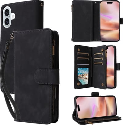 YPCd Wallet Case Pasjeshouder met Rits – Geschikt voor Apple iPhone 16 Plus – Luxe Bookcase Hoesje met 6 Pasjesvakken & Polsbandje – Zwart