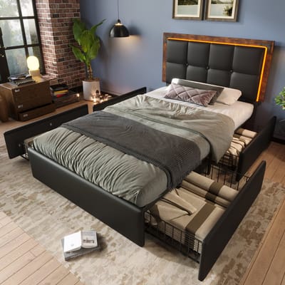 STILVORA Gestoffeerd Bed 90x200 cm – Eenpersoonsbed Met LED & 4 Lades – Verstelbaar Hoofdbord – PU-Kunstleer – Zwart – Zonder Matras