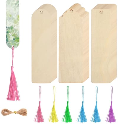 Dailygoods - 36 stuks onafgewerkte houten boekenleggers, blanco boekenleggers, knutselen, cadeautags met kwasten, met 6 kleuren kwasten om te knutselen en te beschrijven, voor doe-het-zelf bladwijzers