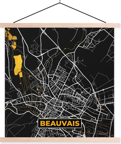 Posterhanger incl. Poster 40x40 cm - Schoolplaat - Frankrijk – Plattegrond – Kaart – Beauvais – Stadskaart - Textielposter - Blanke latten - Stadskaart