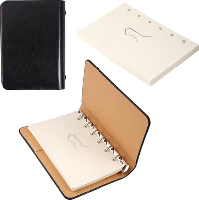 14.7×10.6cm Leren A7 Ringband Notitieboek, Klein Notitieboek met Navulbaar Papier, Notitieboek voor Onderweg met Ringband, Notitieboek A7 voor Notities, Planning, Studie, Reizen en Projecten (Zwart)